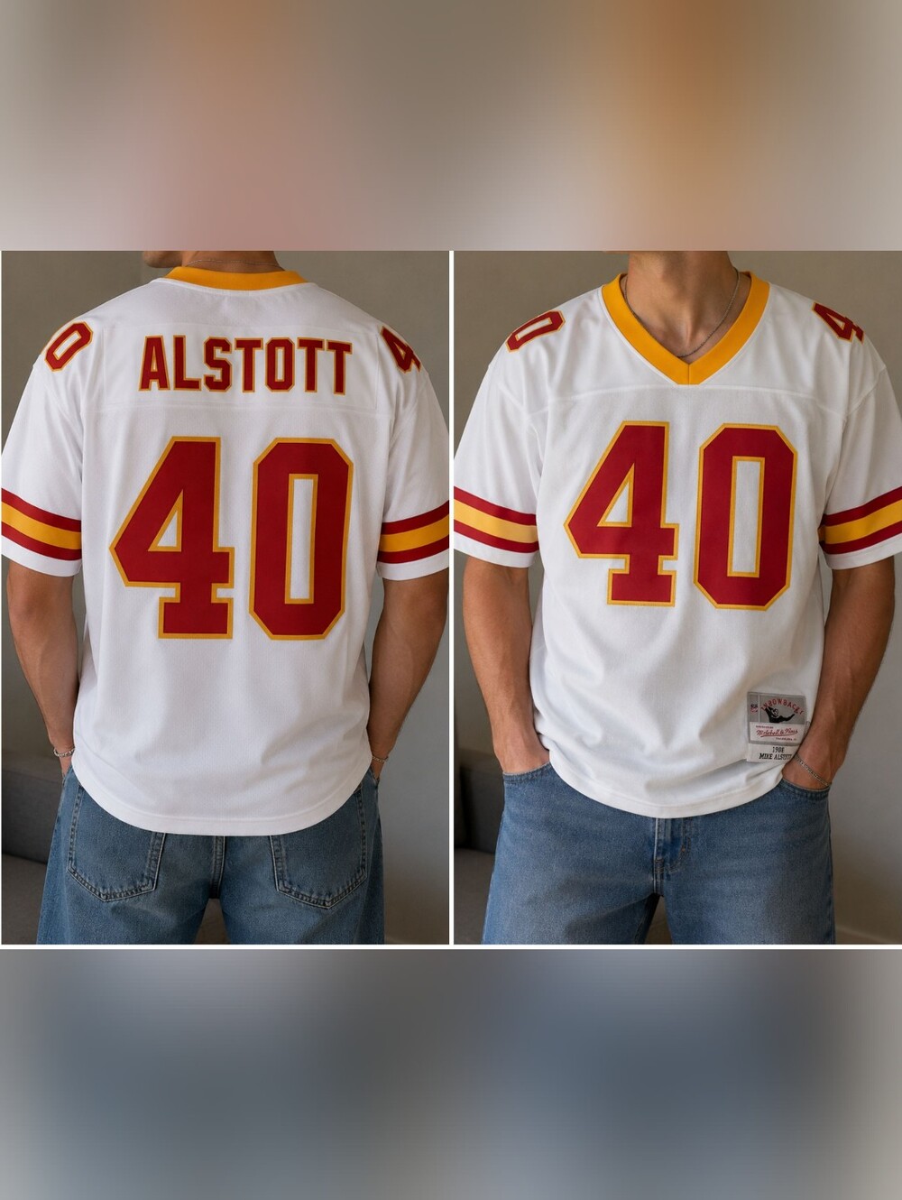 The product is a vintage Mike Alstott jersey in size large, designed for male fa